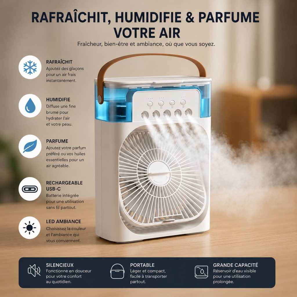 Ventilateur 3-en-1 | Rafraîchit, humidifie et parfume l’air